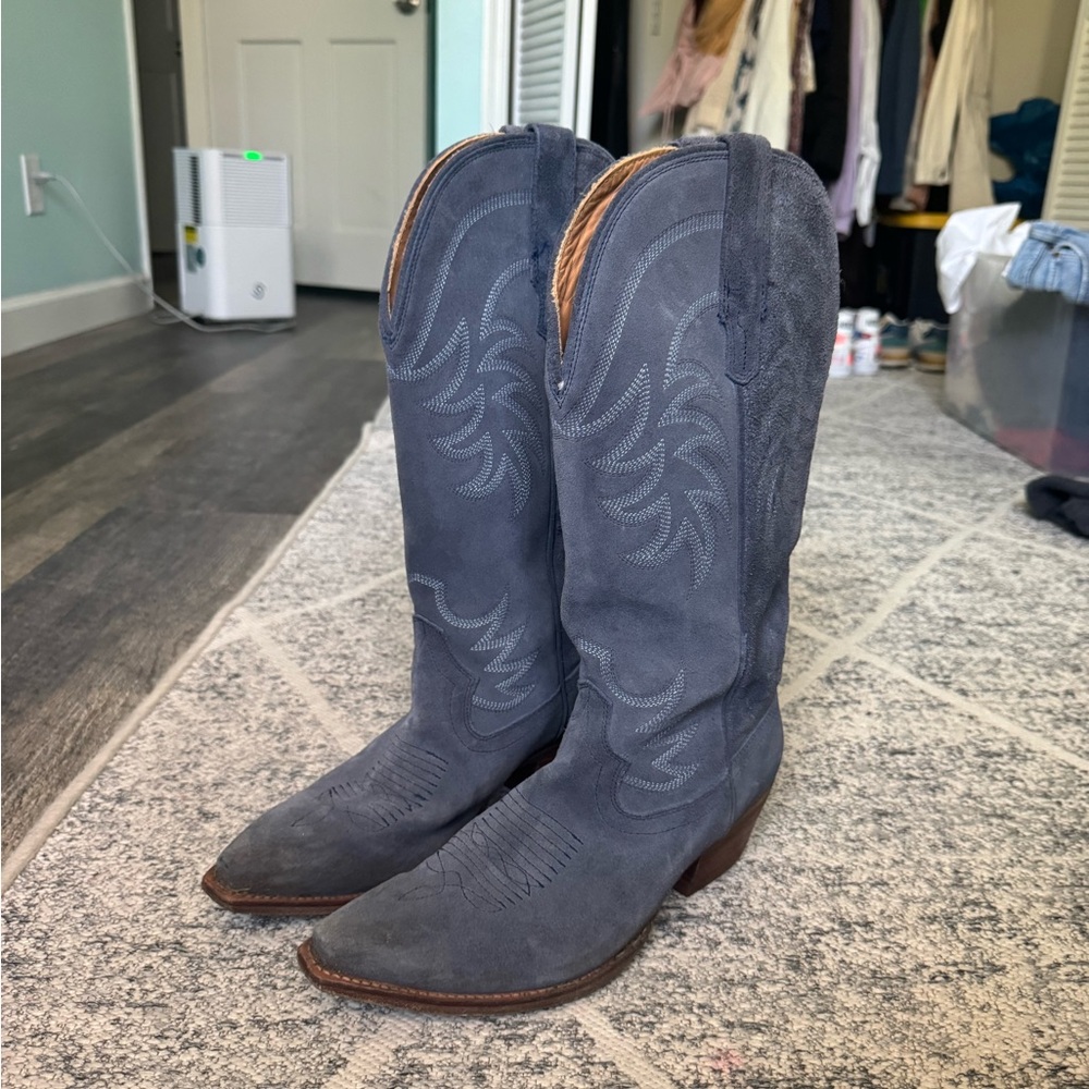 Tecovas Blue Suede Heeled Boots
